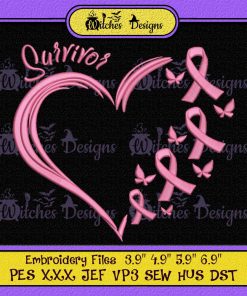 Breast Cancer Survivor Heart Butterfly Ribbon Embroidery