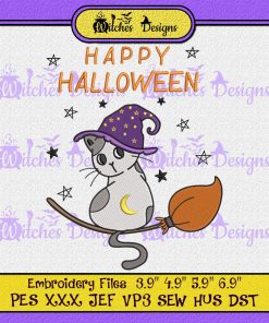 Cute Happy Halloween Kitten Cat Witch Embroidery