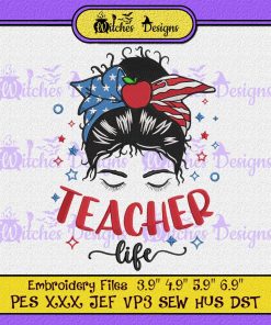 Teacher Life Messy Bun American Flag Embroidery