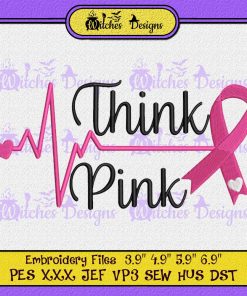 Think Pink Heartbeat Cancer Ribbon Embroidery