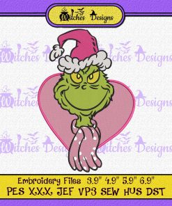 Grinch Pink Heart Christmas Embroidery