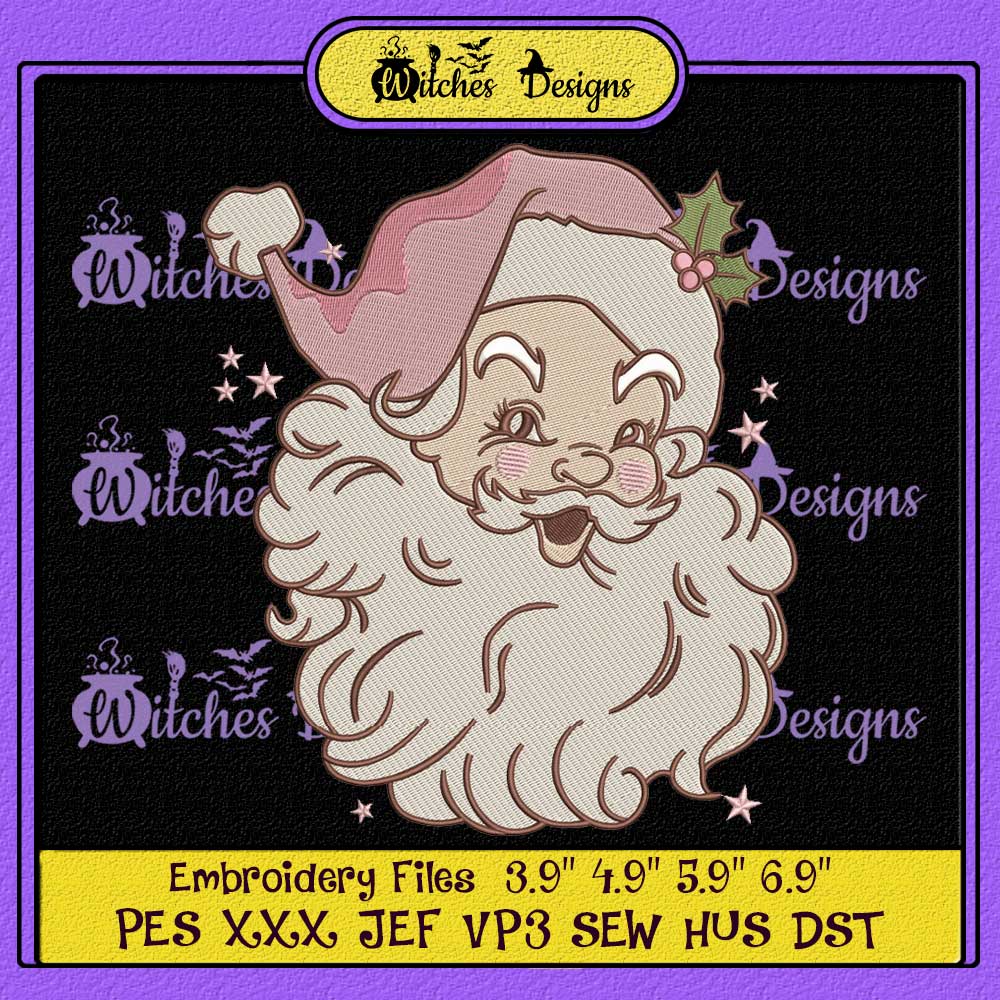 Pink Santa Claus Christmas Vintage Retro Embroidery Designs   Witches