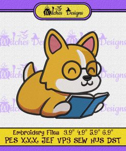 Cute-Corgi-Dog-Reading-Book-Embroidery-File