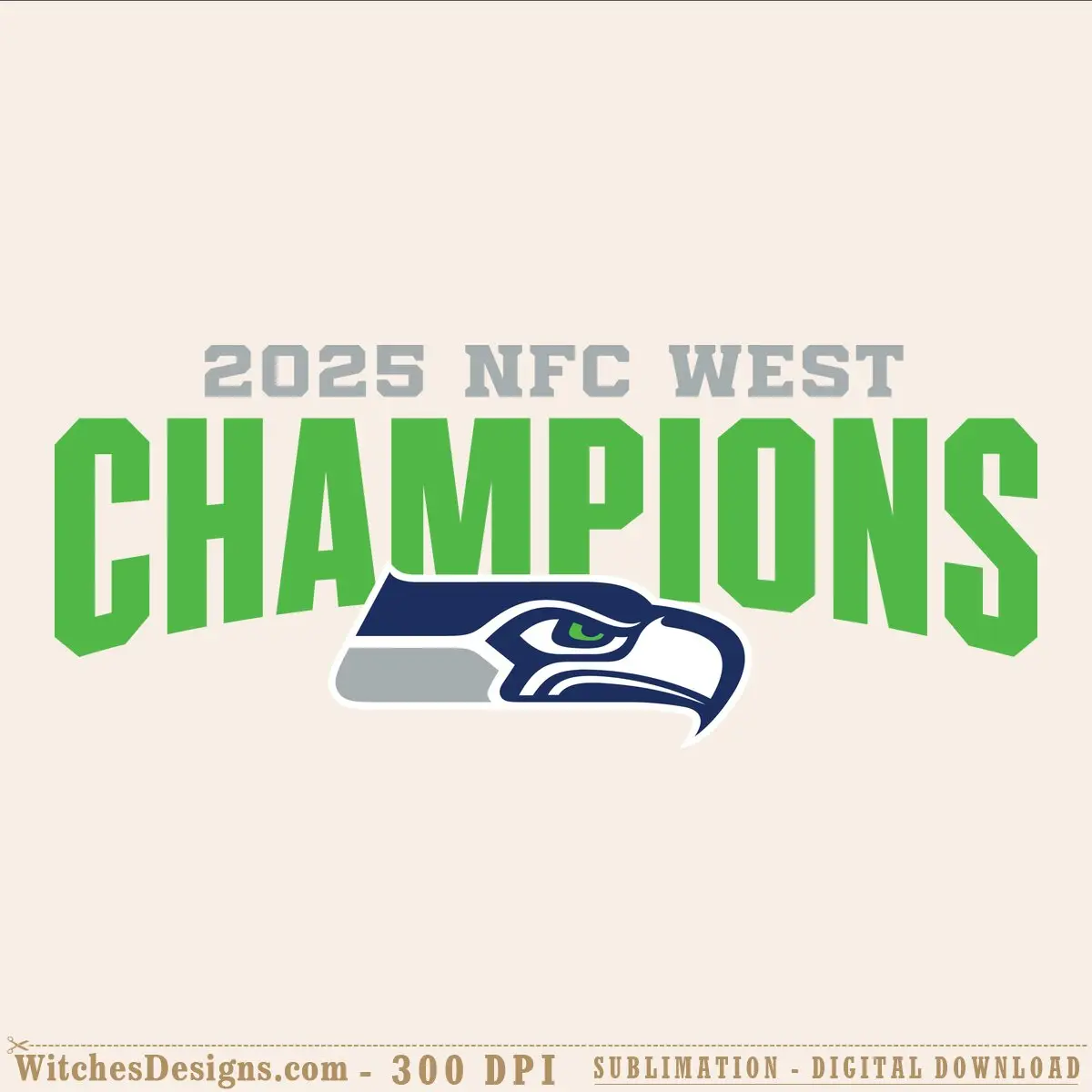 Seattle Seahawks svg logo with 2025 NFC West Champions text in green and navy