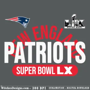 New England Patriots SVG design featuring team logo, Super Bowl LX badge, and shattered 'WIN ENGLI' text in red and navy