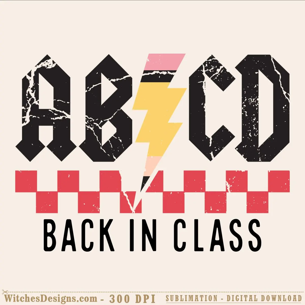 Back in class SVG design featuring distressed black lettering, yellow lightning bolt, and pink and red checkerboard pattern in retro 90s style