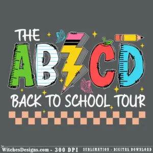 Back to school svg graphic with colorful stitched ABCD letters, apple, pencil, lightning bolt, and sparkles in bright green, white, yellow, red, and blue.