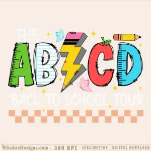Back to school svg graphic with colorful stitched ABCD letters, apple, pencil, lightning bolt, and sparkles in bright green, white, yellow, red, and blue.