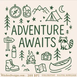 Adventure awaits svg design featuring camping doodles: tent, compass, backpack, campfire, hiking boot, raccoon, canoe, trail sign, and forest elements in green line art