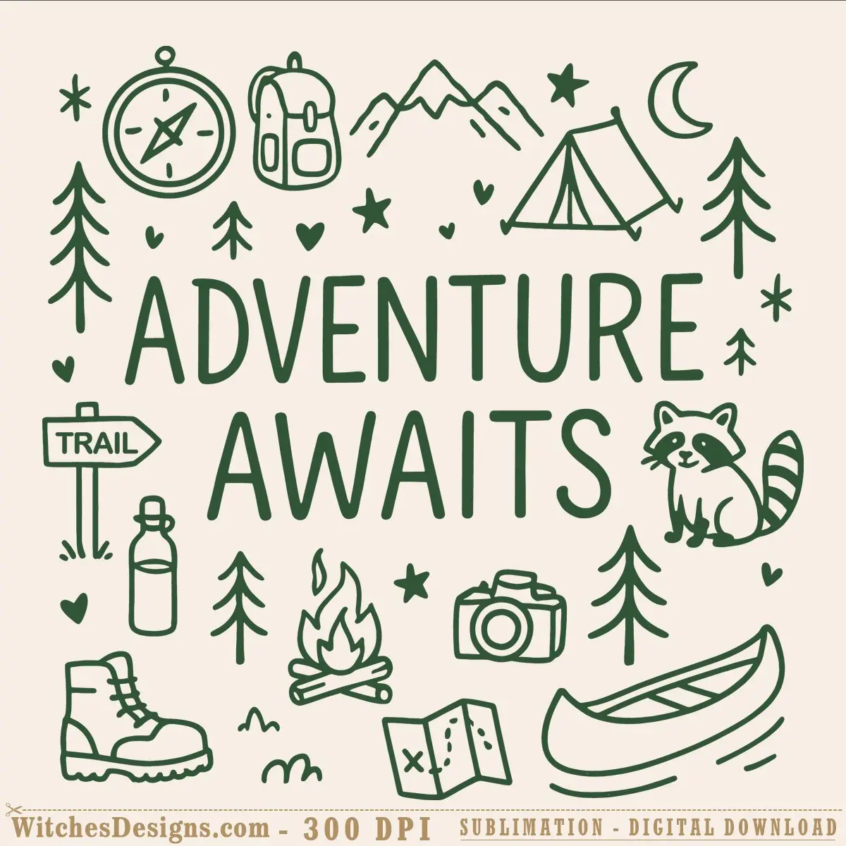 Adventure awaits svg design featuring camping doodles: tent, compass, backpack, campfire, hiking boot, raccoon, canoe, trail sign, and forest elements in green line art