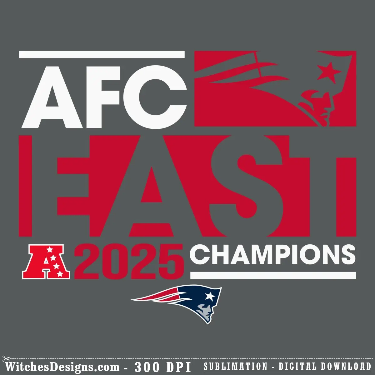 New England Patriots 2025 svg design featuring bold 'FAST' text with team logo and AFC East championship graphics in red and blue