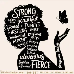 Afro woman svg silhouette with empowering affirmation words like strong, fierce, and beautiful inside the hair, plus a butterfly design element