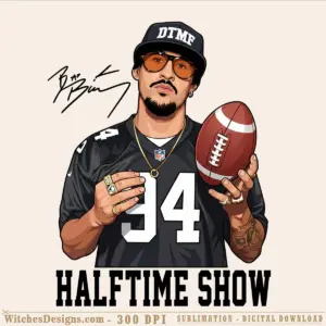 Bad Bunny png illustration wearing NFL number 94 jersey, gold chains, and DIMF cap, holding a football with 'HALFTIME SHOW' text below.