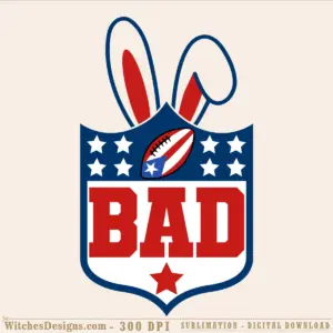 Bad bunny ears svg design with red and navy rabbit ears, patriotic football with stars, bold BAD text, and star emblem on shield backdrop.