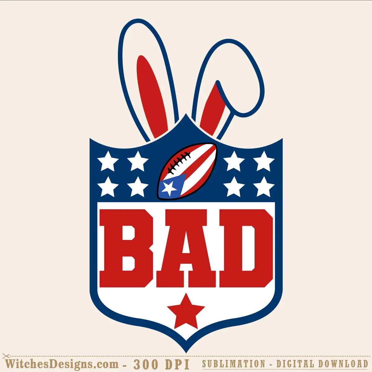 Bad bunny ears svg design with red and navy rabbit ears, patriotic football with stars, bold BAD text, and star emblem on shield backdrop.