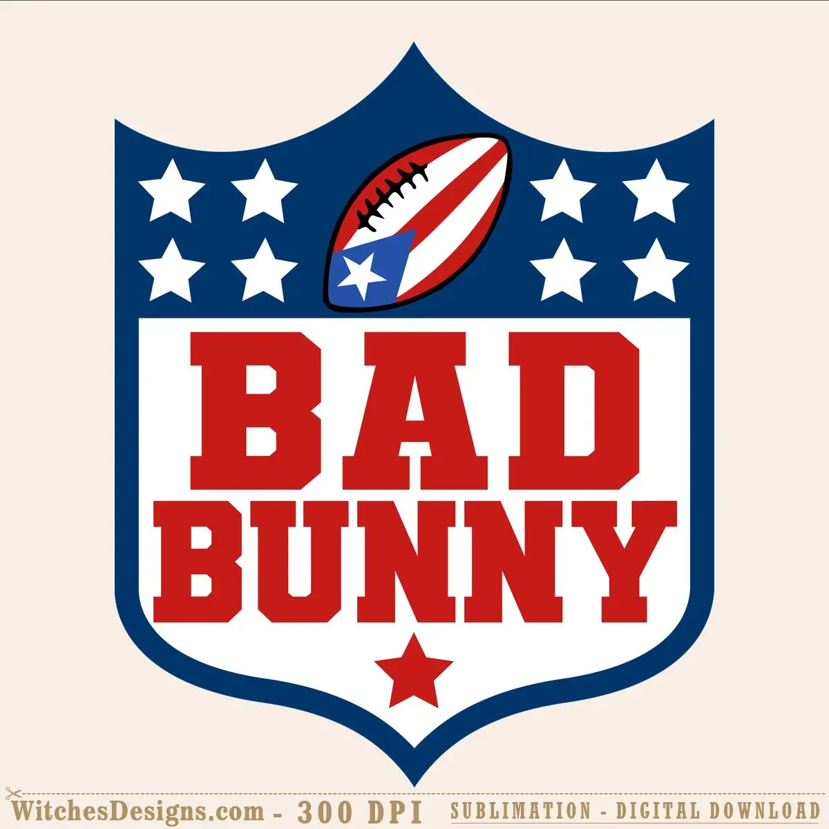 Bad Bunny NFL svg shield design featuring a patriotic football with Puerto Rican flag star, white stars on navy blue background, and bold red 'BAD BUNNY' text for Super Bowl LX halftime show.