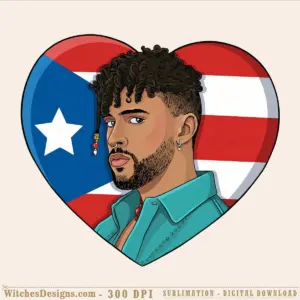 Bad Bunny PNG clipart illustration showing a detailed portrait of the artist inside a heart-shaped Puerto Rico flag, with transparent background for sublimation graphics.