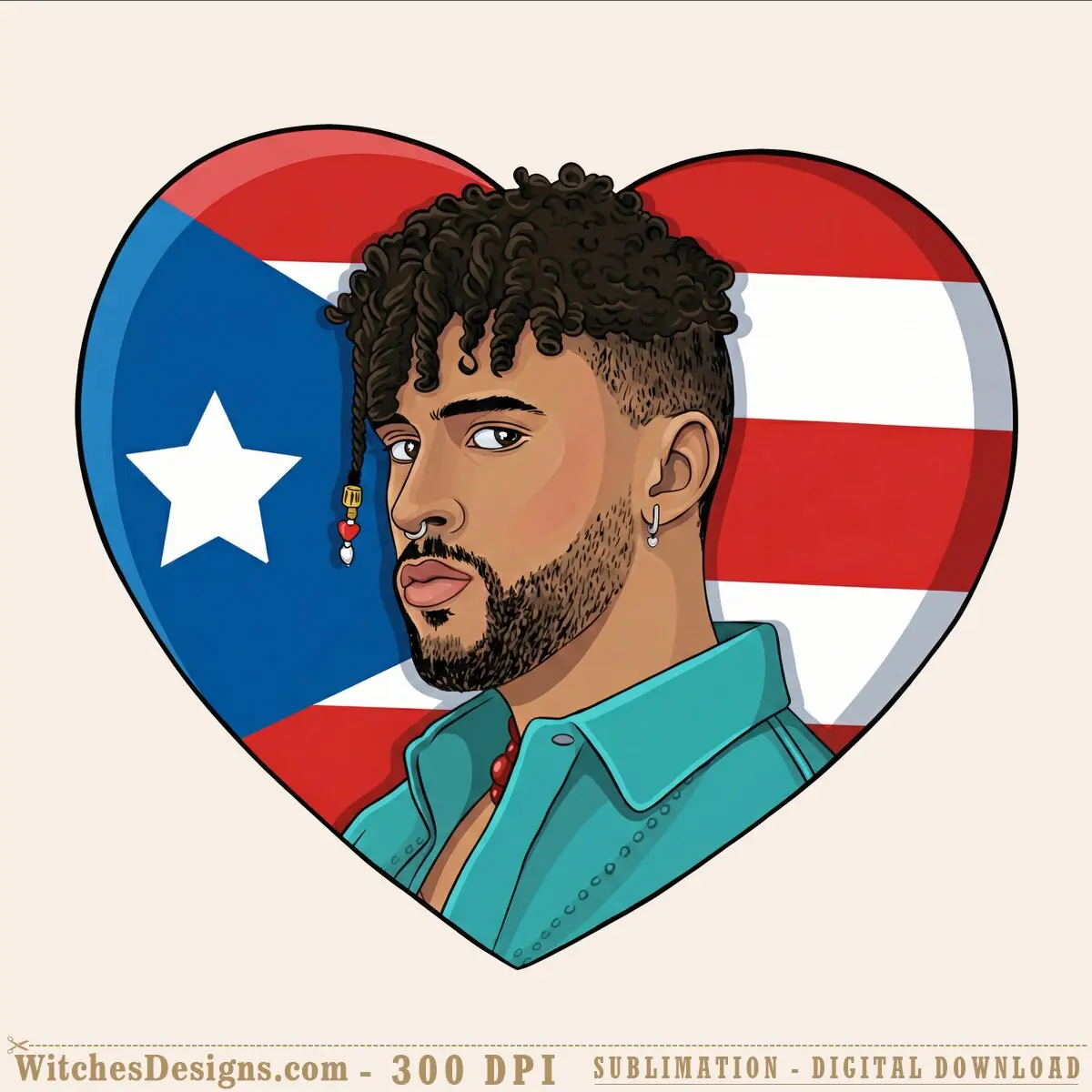 Bad Bunny PNG clipart illustration showing a detailed portrait of the artist inside a heart-shaped Puerto Rico flag, with transparent background for sublimation graphics.