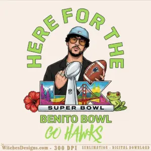 Bad Bunny Super Bowl png design showing Bad Bunny holding trophy and football with Benito Bowl text, Go Hawks, San Francisco bridge and frog graphic, bright green and colorful illustration on transparent background.