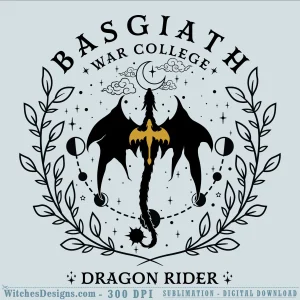 Basgiath War College Dragon Rider SVG showing a winged dragon silhouette with golden accents, crescent moon, clouds, and ornate leaf frame borders in black line art.