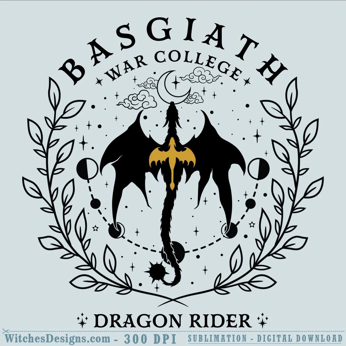 Basgiath War College Dragon Rider SVG showing a winged dragon silhouette with golden accents, crescent moon, clouds, and ornate leaf frame borders in black line art.