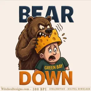 Bear Down png design: cartoon brown bear aggressively holding cheese above shocked kid in Green Bay Packers shirt