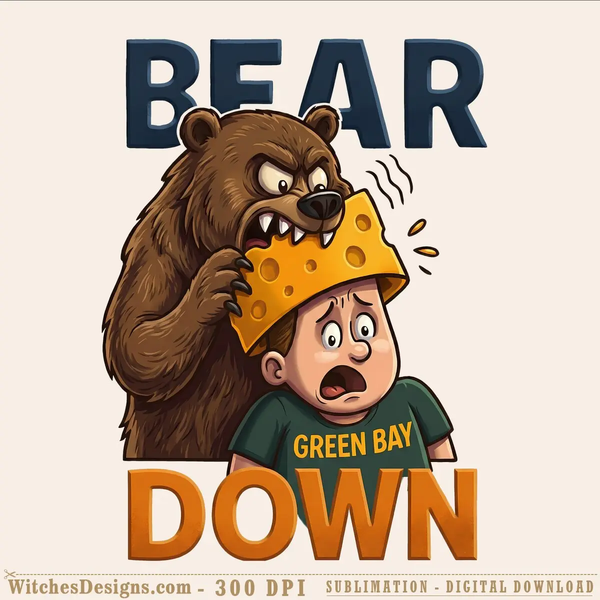 Bear Down png design: cartoon brown bear aggressively holding cheese above shocked kid in Green Bay Packers shirt