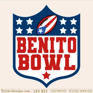 Benito Bowl svg design showing a blue shield with white stars, red-and-white striped football, and bold red text reading 'BENITO BOWL' with a red star accent.