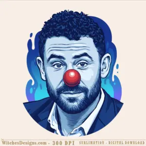 Bozo the clown png clipart featuring a bearded man with curly hair and iconic red nose against a blue gradient background, 4000x4000 px transparent PNG for sublimation and DTF printing