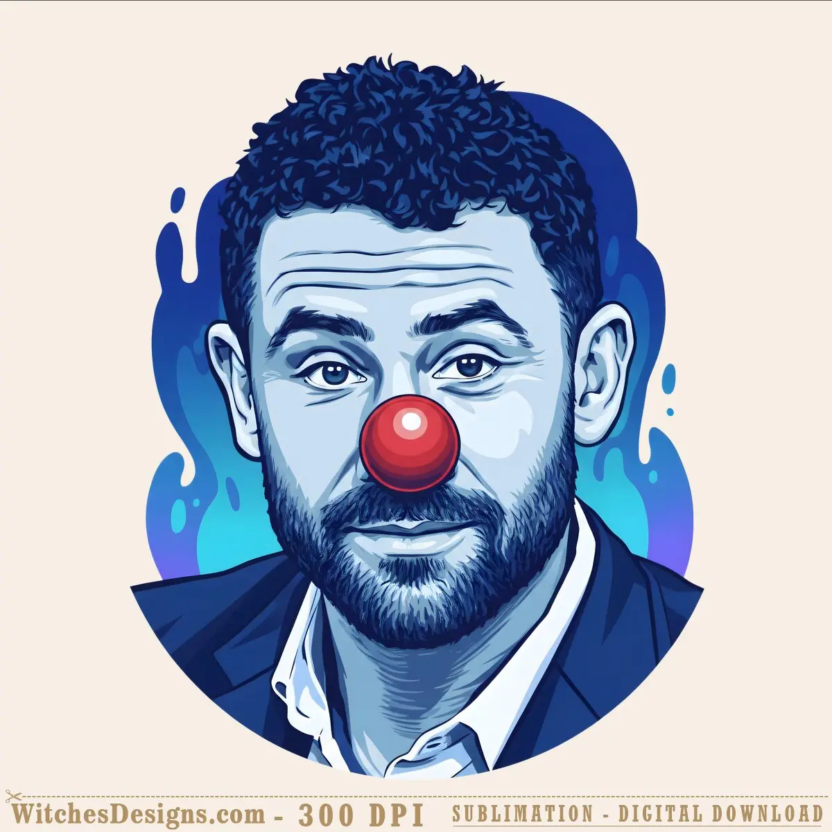 Bozo the clown png clipart featuring a bearded man with curly hair and iconic red nose against a blue gradient background, 4000x4000 px transparent PNG for sublimation and DTF printing