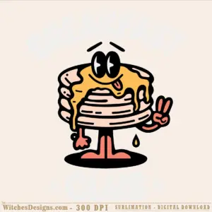 Breakfast Club svg design featuring a smiling, anthropomorphic stack of golden pancakes with butter drip, black oval eyes, peace sign gesture, and retro cartoon style.