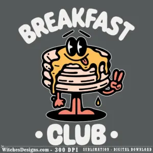 Breakfast Club svg design featuring a smiling, anthropomorphic stack of golden pancakes with butter drip, black oval eyes, peace sign gesture, and retro cartoon style.