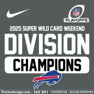 Buffalo Bills svg design featuring black 'CHAMPIONS' text, NFL Playoffs logo, and the team's blue buffalo icon with red stripe