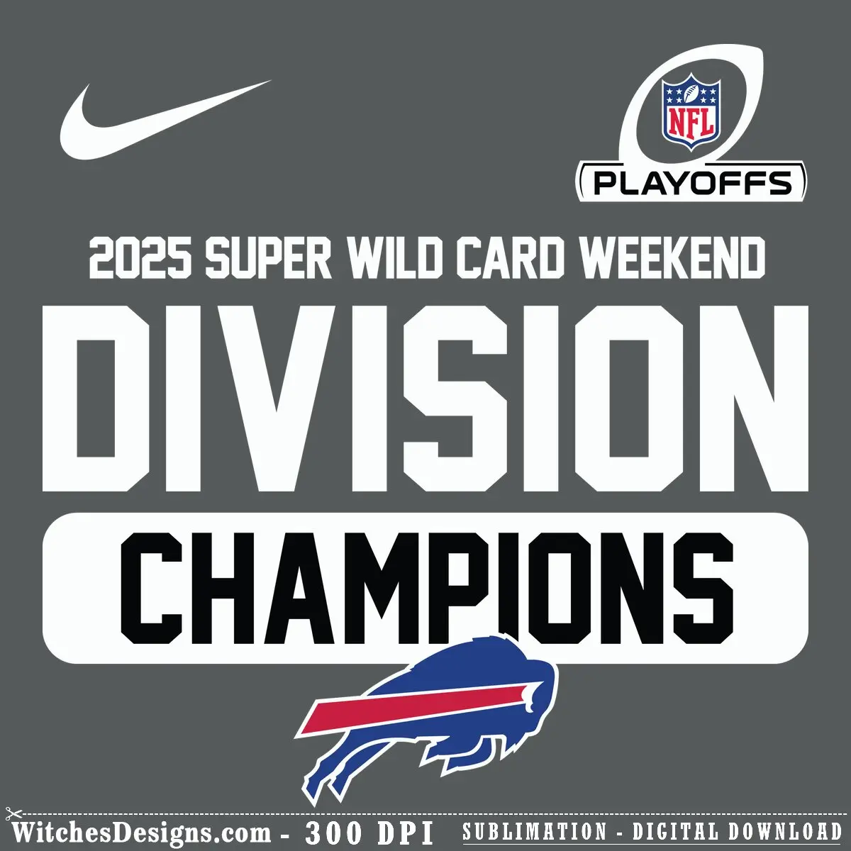 Buffalo Bills svg design featuring black 'CHAMPIONS' text, NFL Playoffs logo, and the team's blue buffalo icon with red stripe