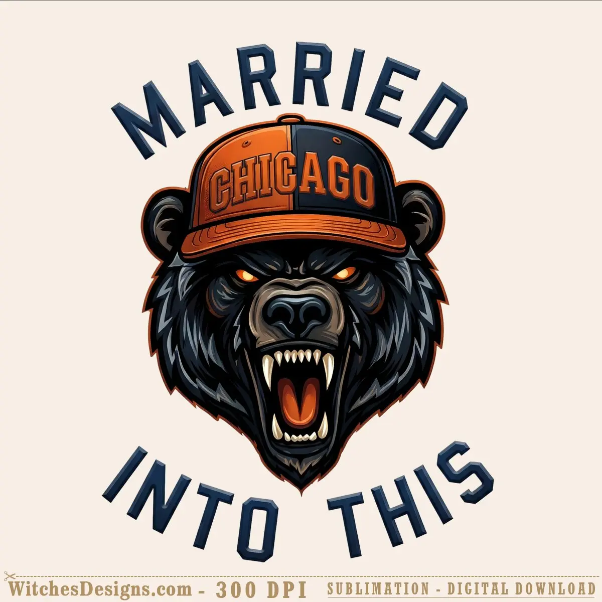 Chicago married into this png: fierce black bear mascot with orange eyes and bared fangs, wearing orange-and-navy Chicago baseball cap, with bold navy text arcing above and below.