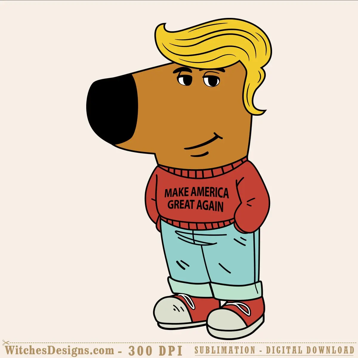 Chill trump svg cartoon character with blonde hair, red boxing gloves, and message shirt, standing pose