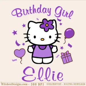 Hello Kitty birthday girl svg design with custom name, purple balloons, stars, and gift box for Cricut and Silhouette cutting.