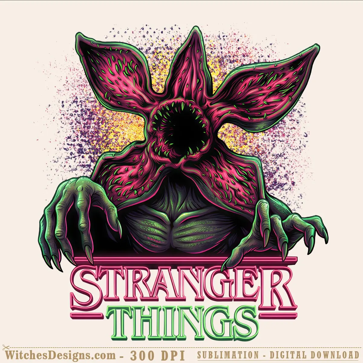 Demogorgon png graphic with magenta petals, green outline, and clawed hands; 4000x4000 transparent background for sublimation and DTF printing.