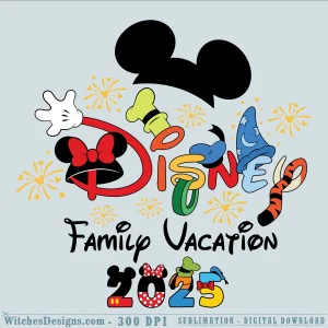 Disney Family Vacation 2025 svg design featuring Mickey Mouse ears, Minnie's red bow, Goofy waving, a wizard hat, golden fireworks bursts, and colorful 2025 numbers with whimsical vacation charm