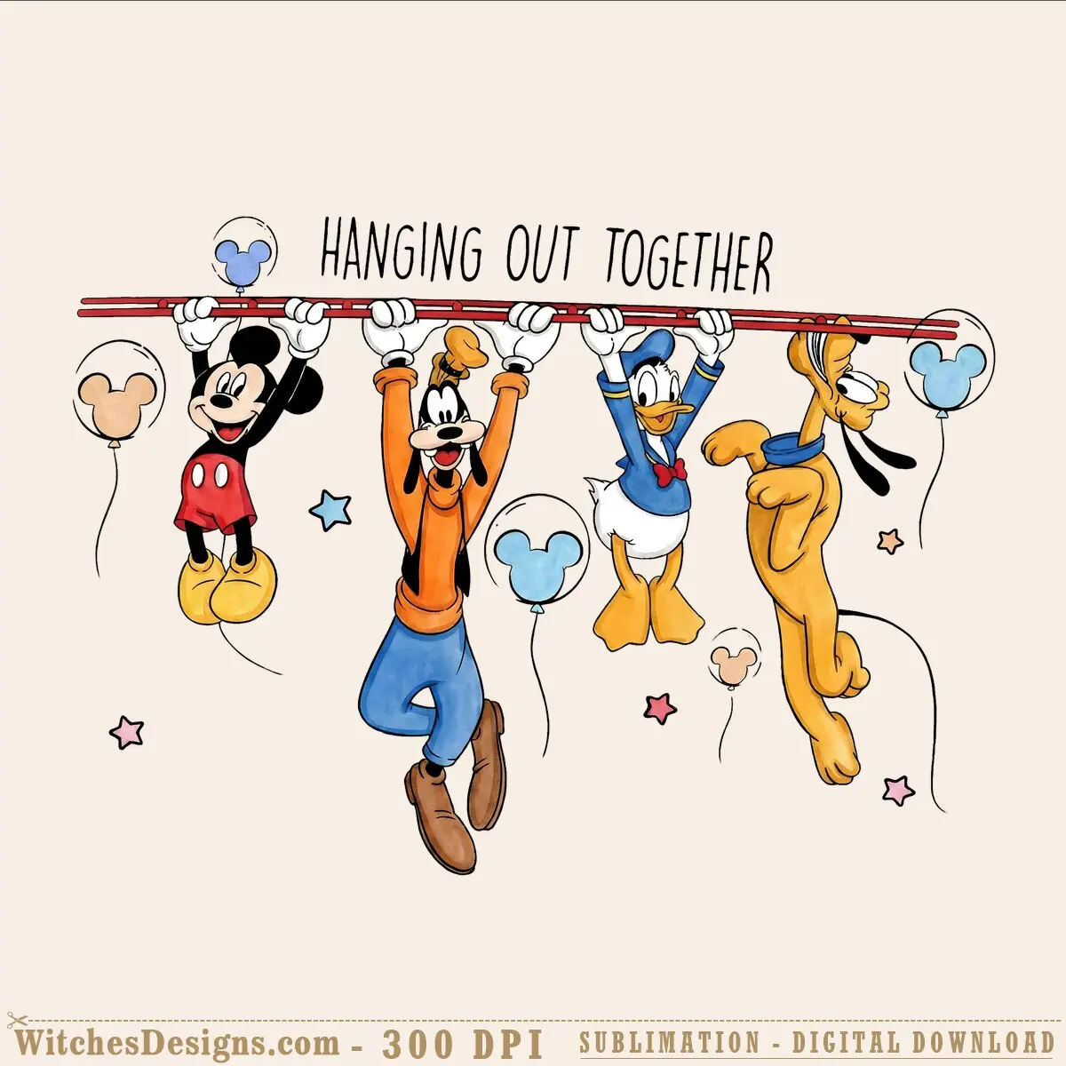 Disney Hanging Out Together png clipart showing Mickey, Goofy, Donald Duck, and Pluto hanging from a rope with balloons and stars