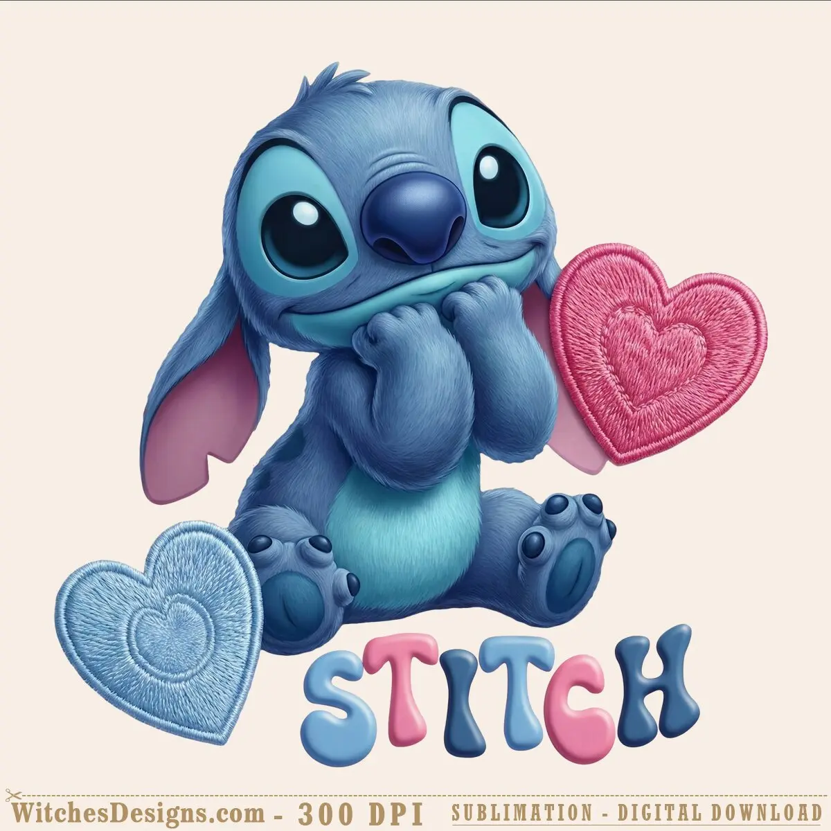 Stitch png design showing the blue alien character holding two embroidered pink and light-blue hearts, smiling with his characteristic expression, plus text reading STITCH below.