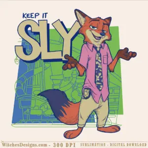 Nick Wilde png design showing the charming fox character from Disney Zootopia 2 wearing a pink shirt and tie, with 'Keep It Sly' text and city background, 4000x4000px transparent PNG for sublimation printing.