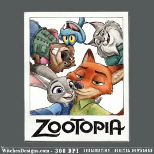 Zootopia png clipart showing Nick Wilde the fox, Judy Hopps the rabbit, Officer Bogo, and other characters from Disney's Zootopia movie grouped together with vibrant watercolor illustration style