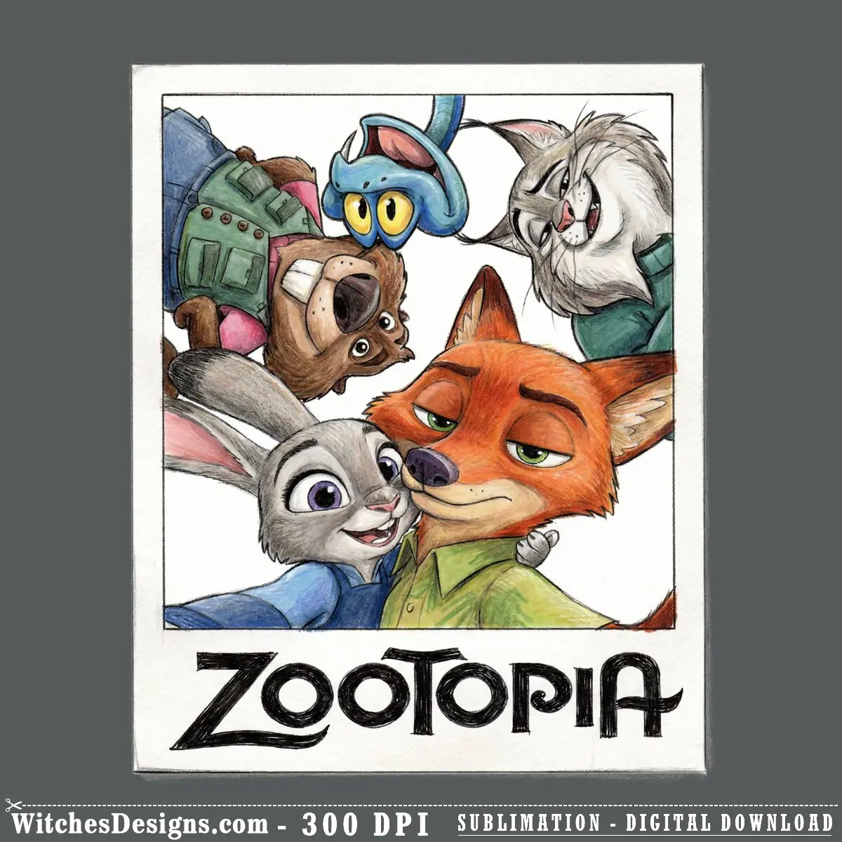 Zootopia png clipart showing Nick Wilde the fox, Judy Hopps the rabbit, Officer Bogo, and other characters from Disney's Zootopia movie grouped together with vibrant watercolor illustration style