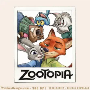 Zootopia png clipart showing Nick Wilde the fox, Judy Hopps the rabbit, Officer Bogo, and other characters from Disney's Zootopia movie grouped together with vibrant watercolor illustration style