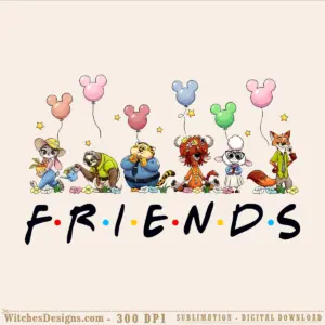 Zootopia png clipart featuring six chibi characters holding colorful balloons with stars and FRIENDS text