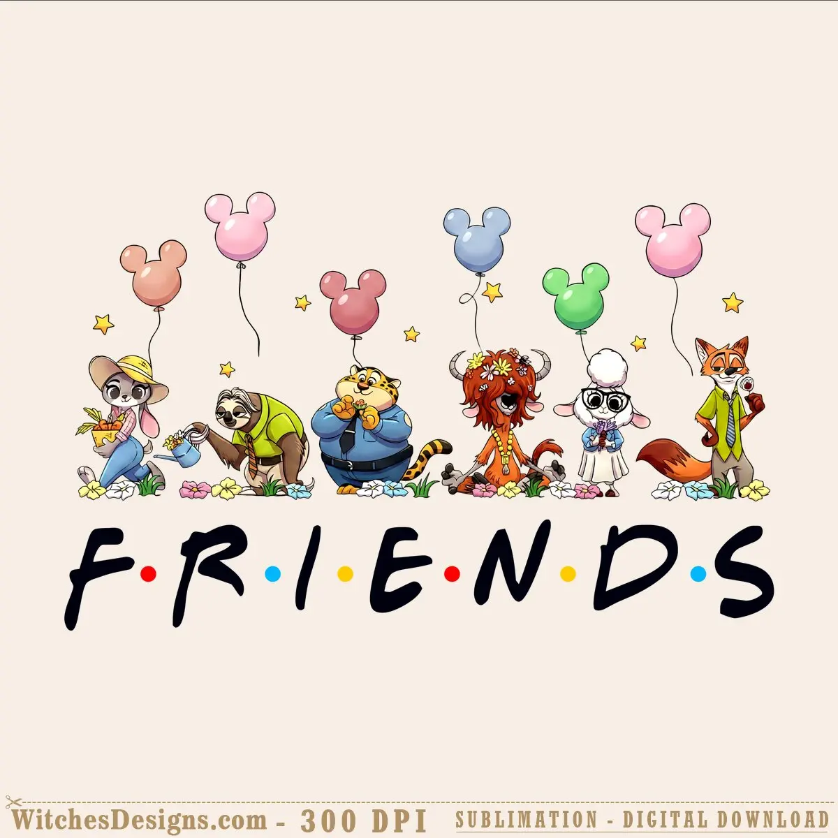 Zootopia png clipart featuring six chibi characters holding colorful balloons with stars and FRIENDS text