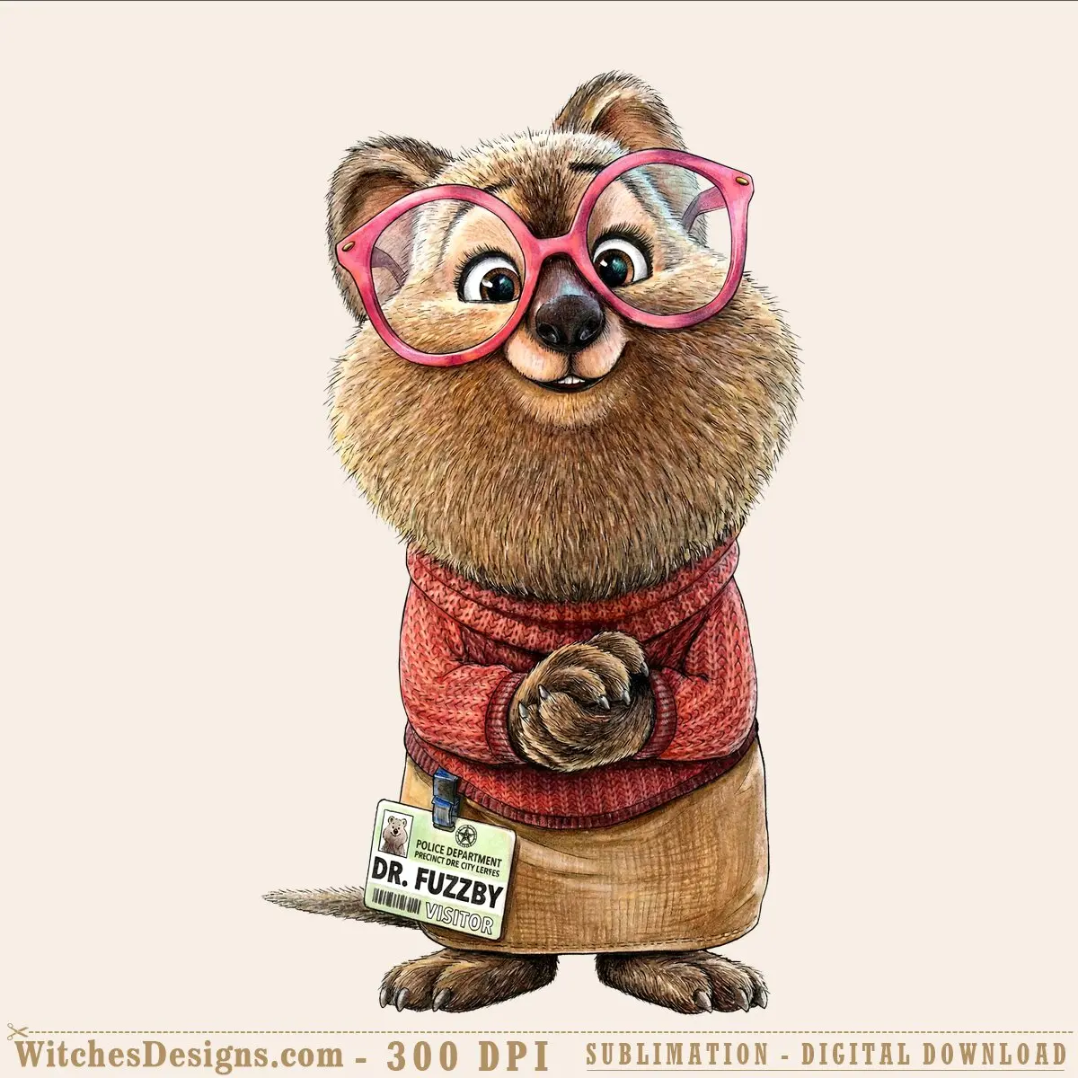 Dr. Fuzzby png character illustration wearing pink glasses, red sweater, and police ID badge from Disney's Zootopia