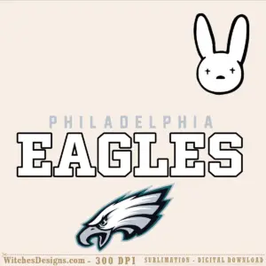 Philadelphia Eagles svg showing a playful bunny mascot head above the Eagles team wordmark and official winged logo in teal and silver