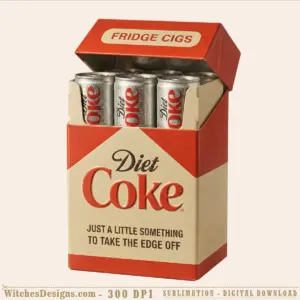 Diet Coke png clipart showing vintage fridge cigs box design with red packaging, cream label, and three cans for sublimation and DTF printing